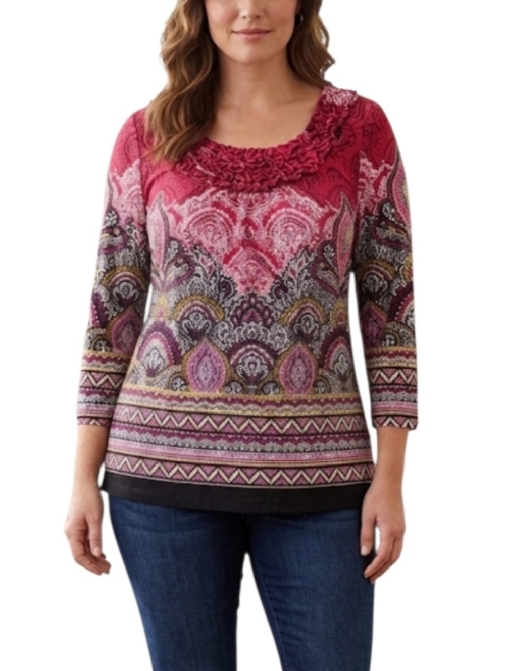 Cocomo Paisley Print 3/4 Sleeve Top Womens Medium Pink Boho Ruffle Neck Blouse